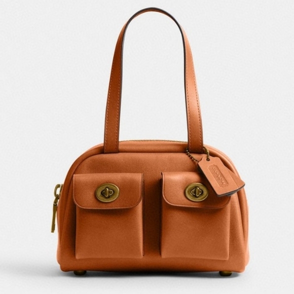 Coach Twin Turnlock Bag 20 in Dark Brass/Toffee Waxed Full Grain Leather NWT - Picture 8 of 8